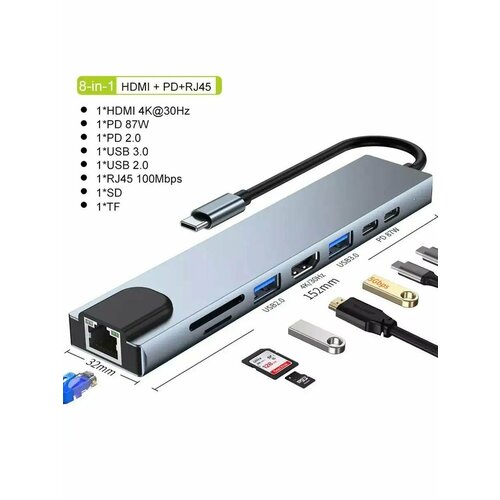 Док-станция 8 в 1 для MacBook Type-C PD HDMI USB SD TF RJ45 706₽