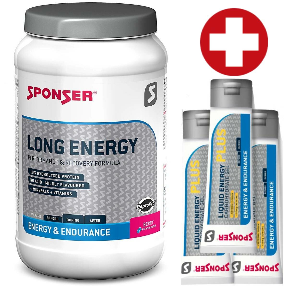 Изотоник SPONSER LONG ENERGY 10% + 3 x LIQUID ENERGY PLUS 70 г 1200 г, Ягодный