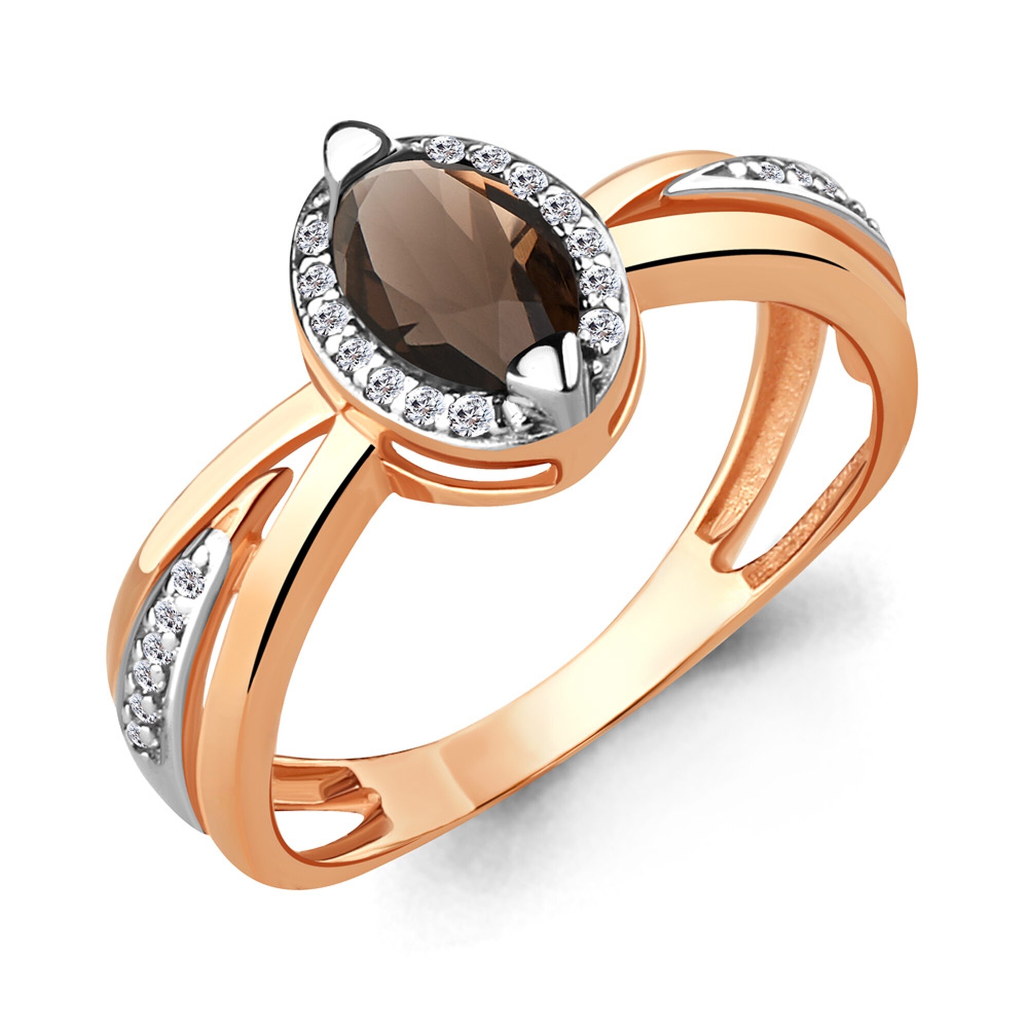 Кольцо Diamant online, серебро, 925 проба, золочение, кварц, фианит, размер 18, коричневый