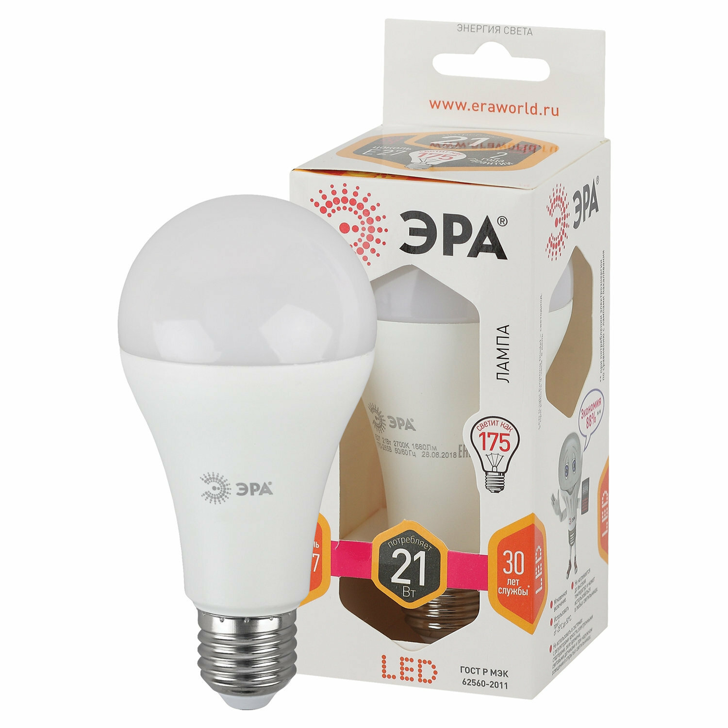 Лампа светодиодная ЭРА энергия света 21 Вт цоколь E27 груша теплый белый 25000 ч