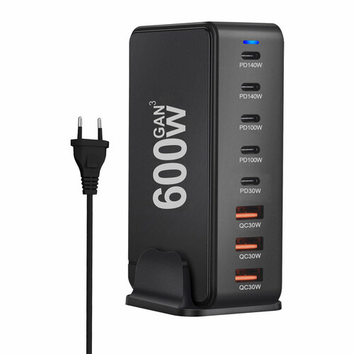 Зарядное устройство GaN 600Вт, 8 портов, для разных устройств, PD3.1, 5 USB-C (140W) 3 USB-A (30W) черный