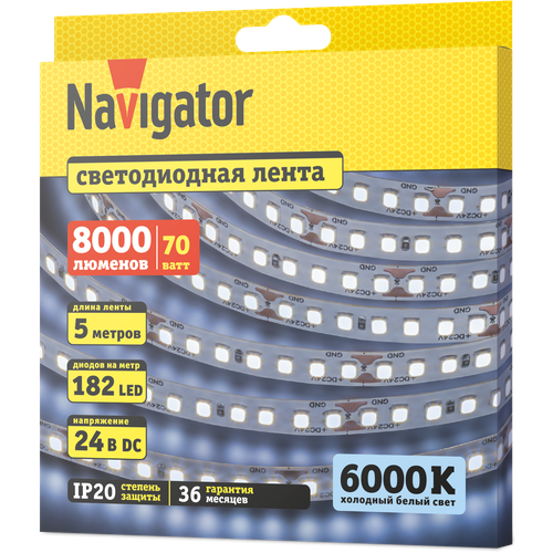 Светодиодная лента Navigator 95 298 NLS-2835CW182-14-IP20- 24V 5м, 6000К