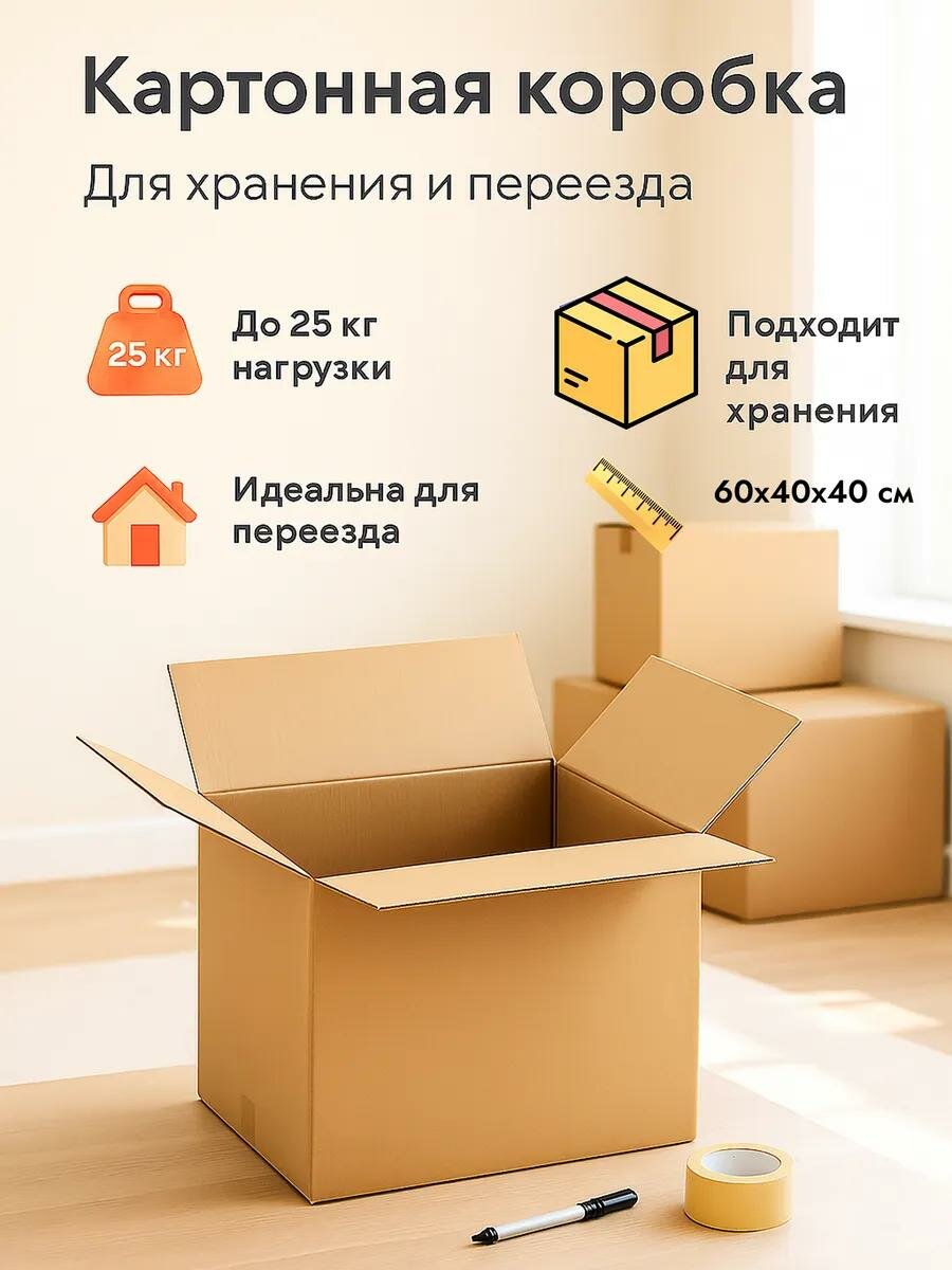 Коробка складная картонная, бежевая, 60×40×40 см, для хранения и переезда