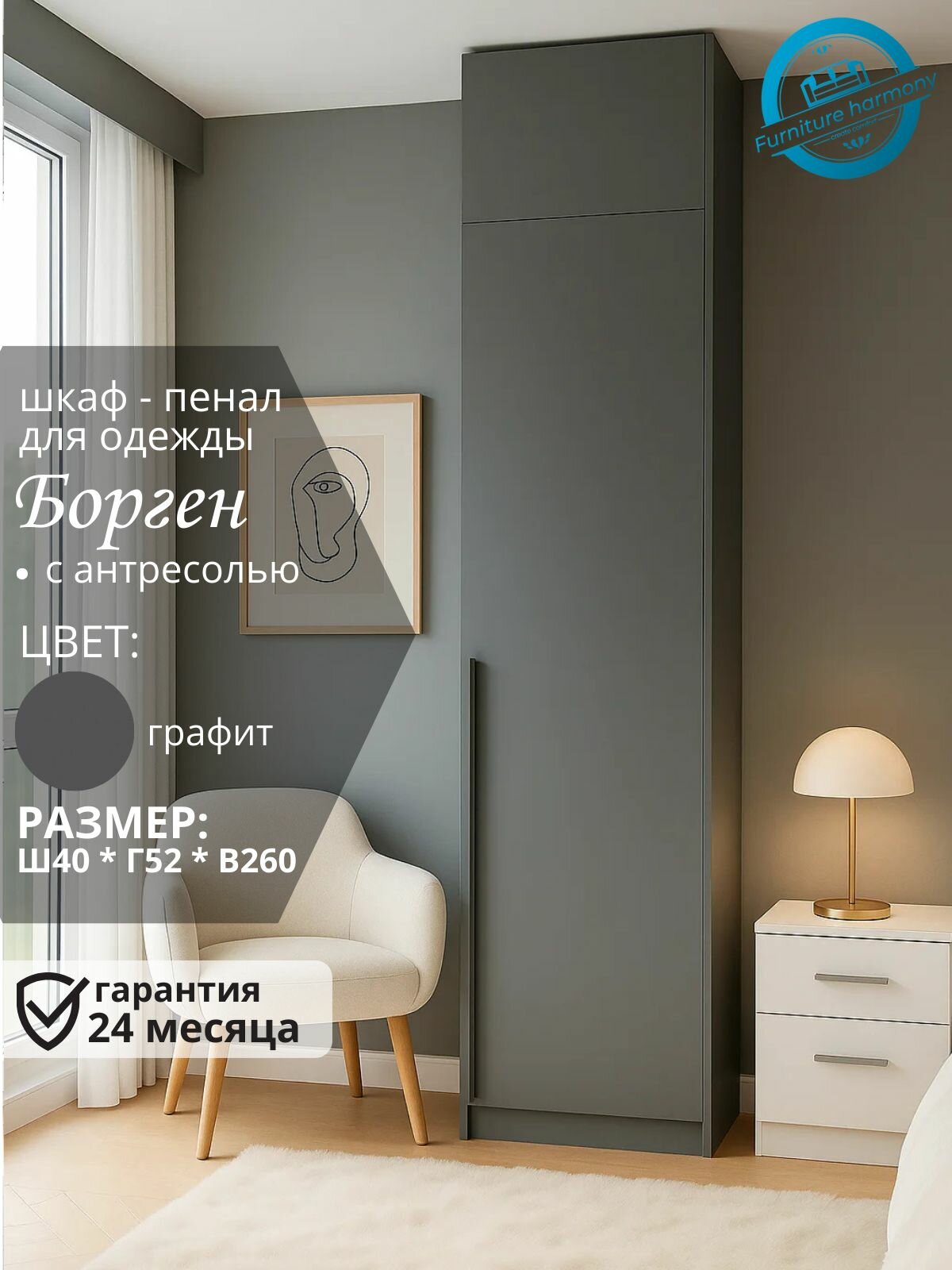 Шкаф-пенал распашной Борген с антресолью серый графит, 40х52х260 см