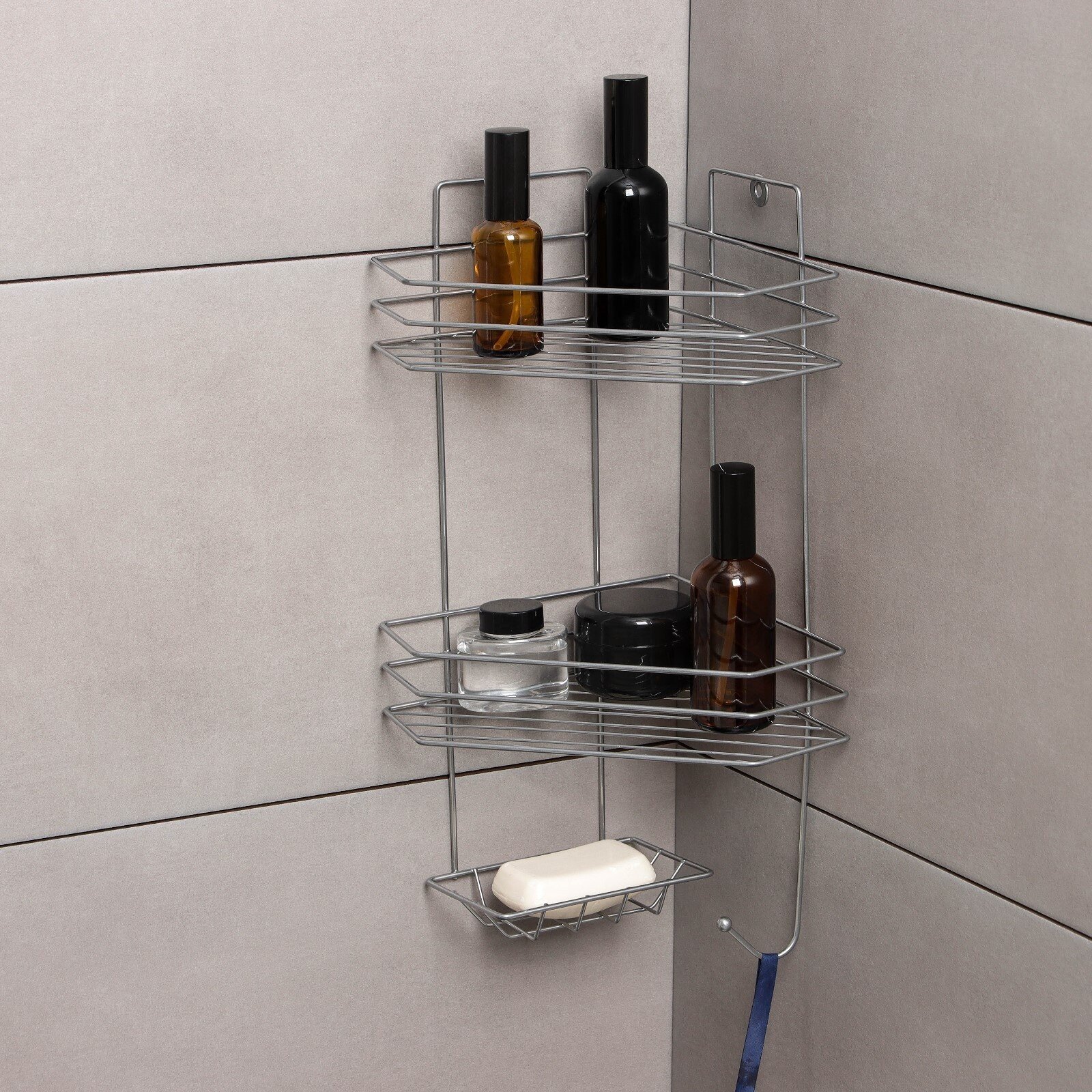 Полка угловая с мыльницей и вешалкой 2-х ярусная 25.5×42.5 см цвет хром