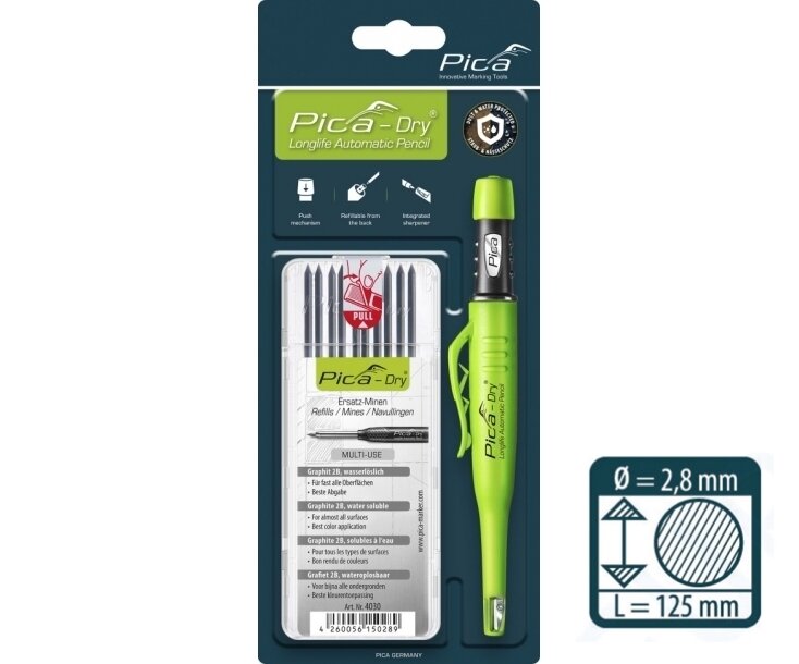 Набор карандаша Pica-dry 2,8мм и 10 графитовых грифелей 2B MULTI-USE (3030+4030) PICA-MARKER 30403
