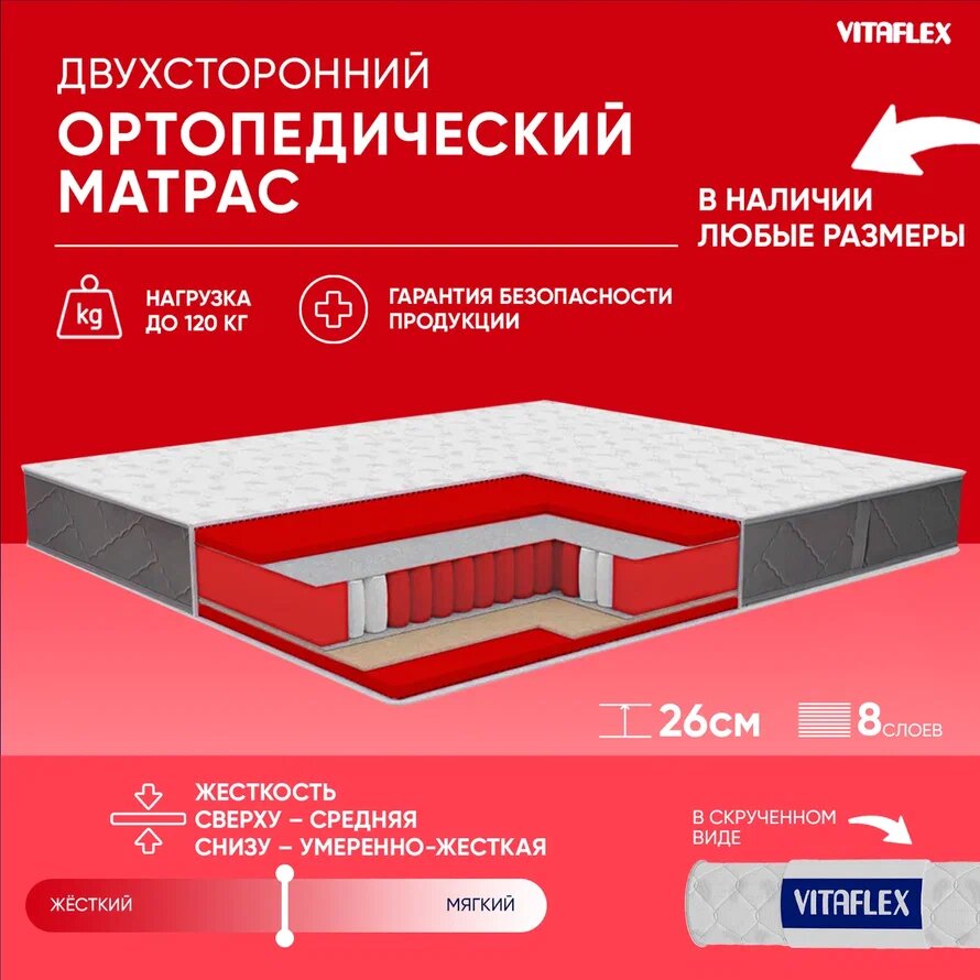 Матрас Vitaflex Anatomic R Sk 120х200, ортопедический, пружинный, ППУ, с кокосом, разная жесткость, в скрутке