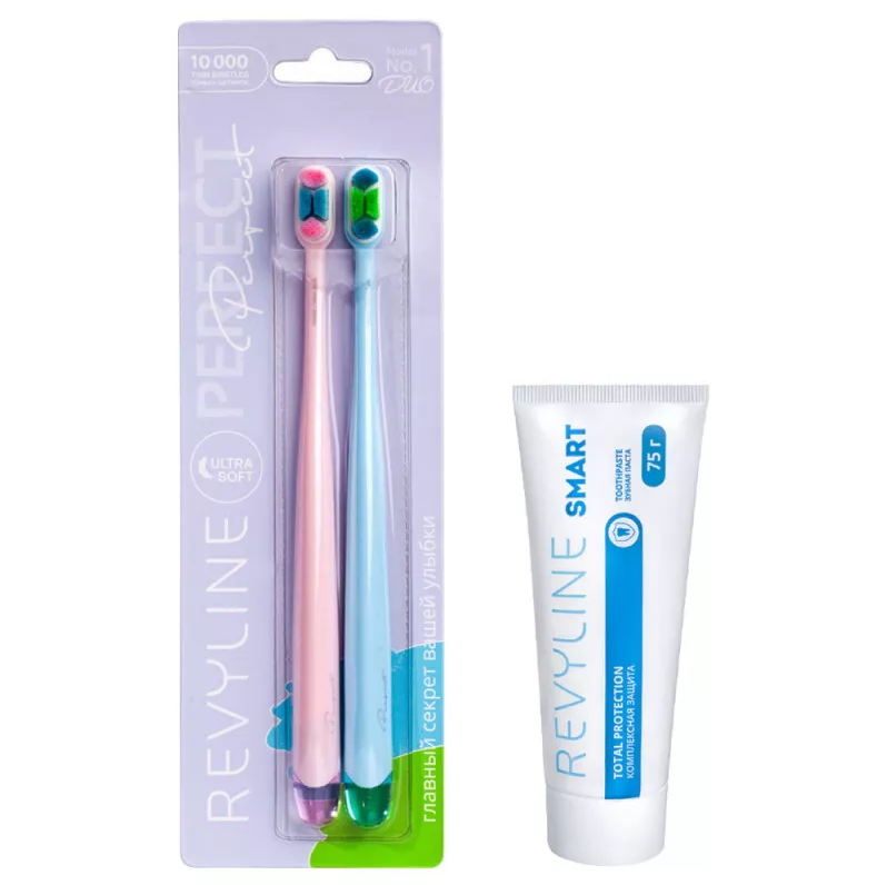 Набор зубных щеток Revyline Perfect 10 000 DUO, Pink/Light Blue + Зубная паста Revyline Smart, 75 г