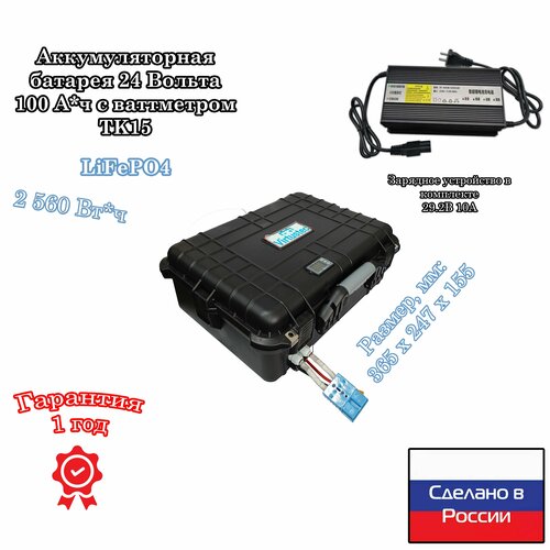 Аккумуляторная батарея 24 Вольта 100 А*ч LiFePO4 в кейсе с ваттметром