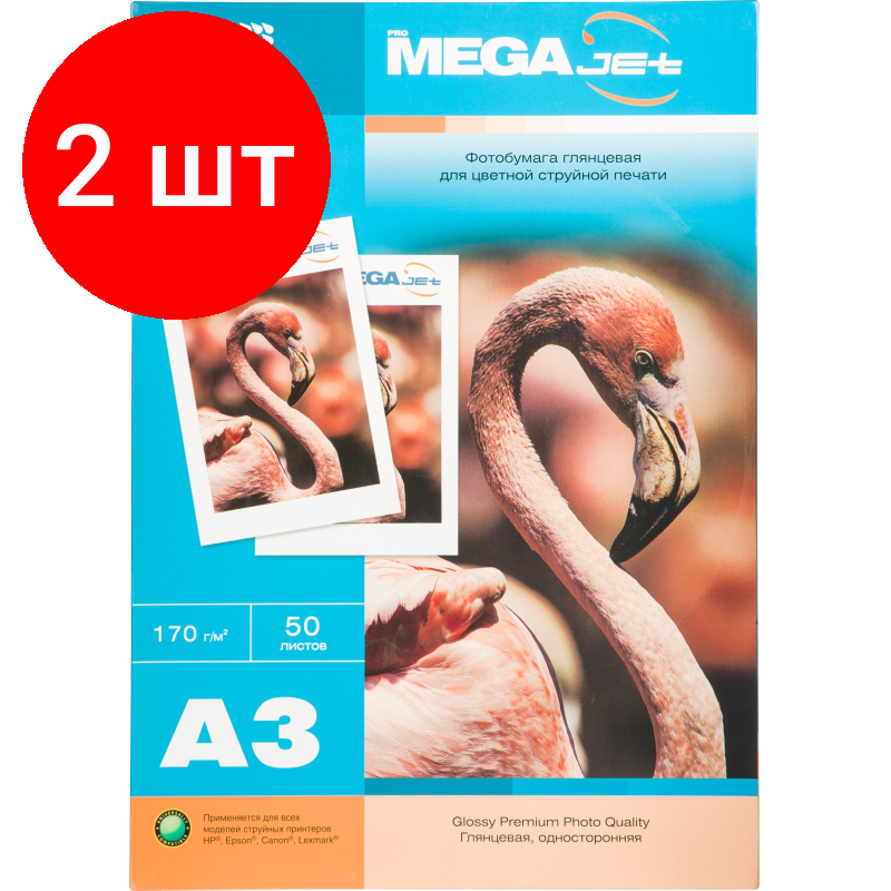 Комплект 2 упаковок, Фотобумага для цв. струй. печ. ProMEGA jet (А3, 170г, глянц) уп. 50л(1457499)