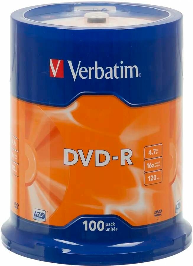 Оптический диск DVD-R Verbatim 4.7ГБ 16x, 100шт, cake box [43549]