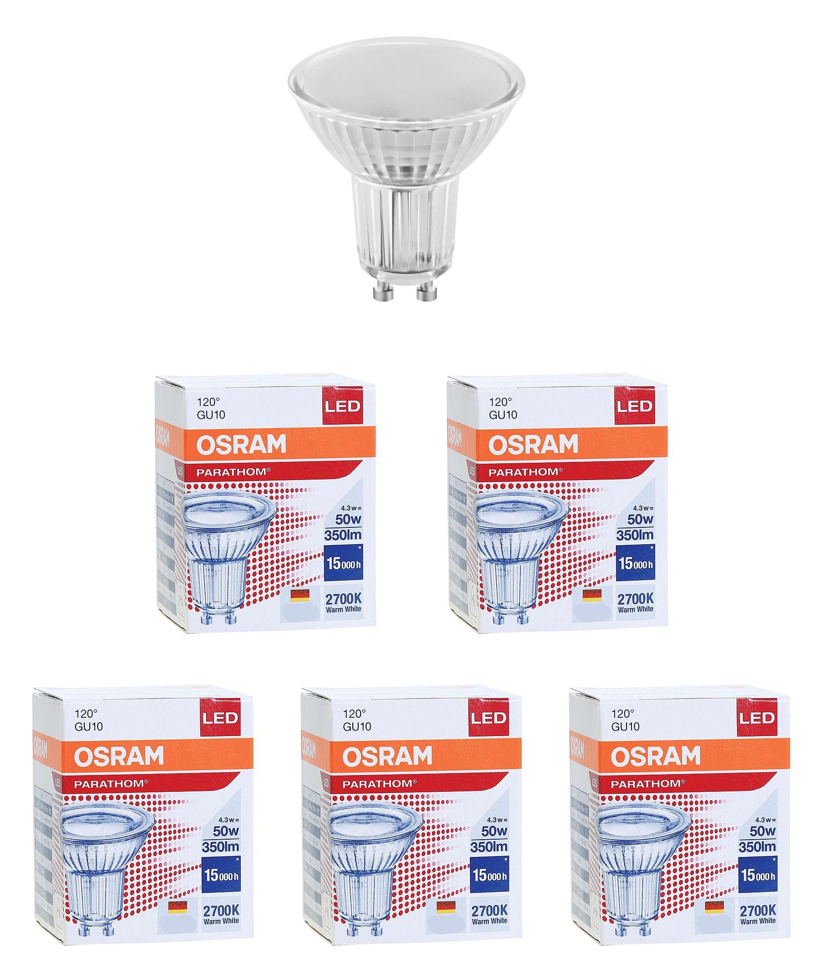 Лампа светодиодная OSRAM 4.3Вт GU10 PAR16 Софит 2-PARATHOM угол 120° 220В 2700К 350Лм Теплый белый, уп. 5шт
