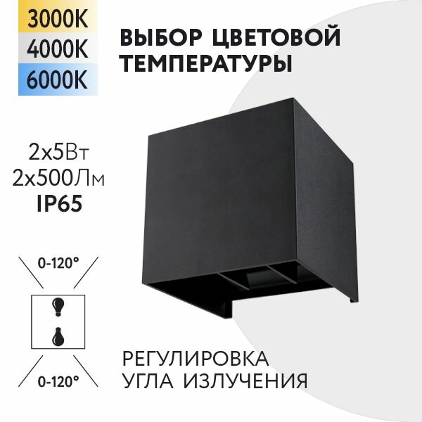 Уличный настенный светильник Foton Lighting 10Вт 2x5W 230В Сменная температура свечения 3000К/4000К/6000К Регулировка угла излучения IP65 Черный металл. Экопак. Архитектурный, садово-парковый светильник