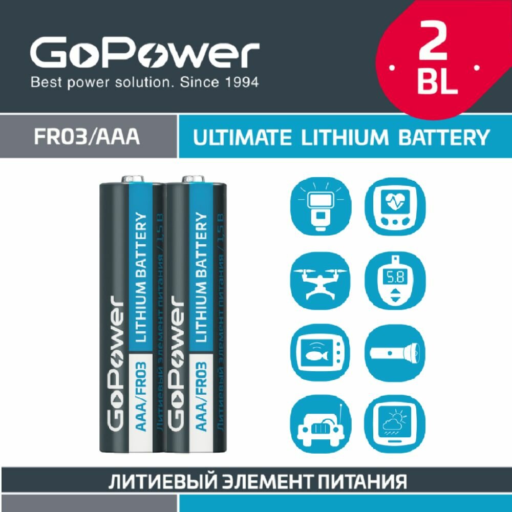 Батарейка GoPower FR03 AAA BL2 Lithium 1.5V — фото 1