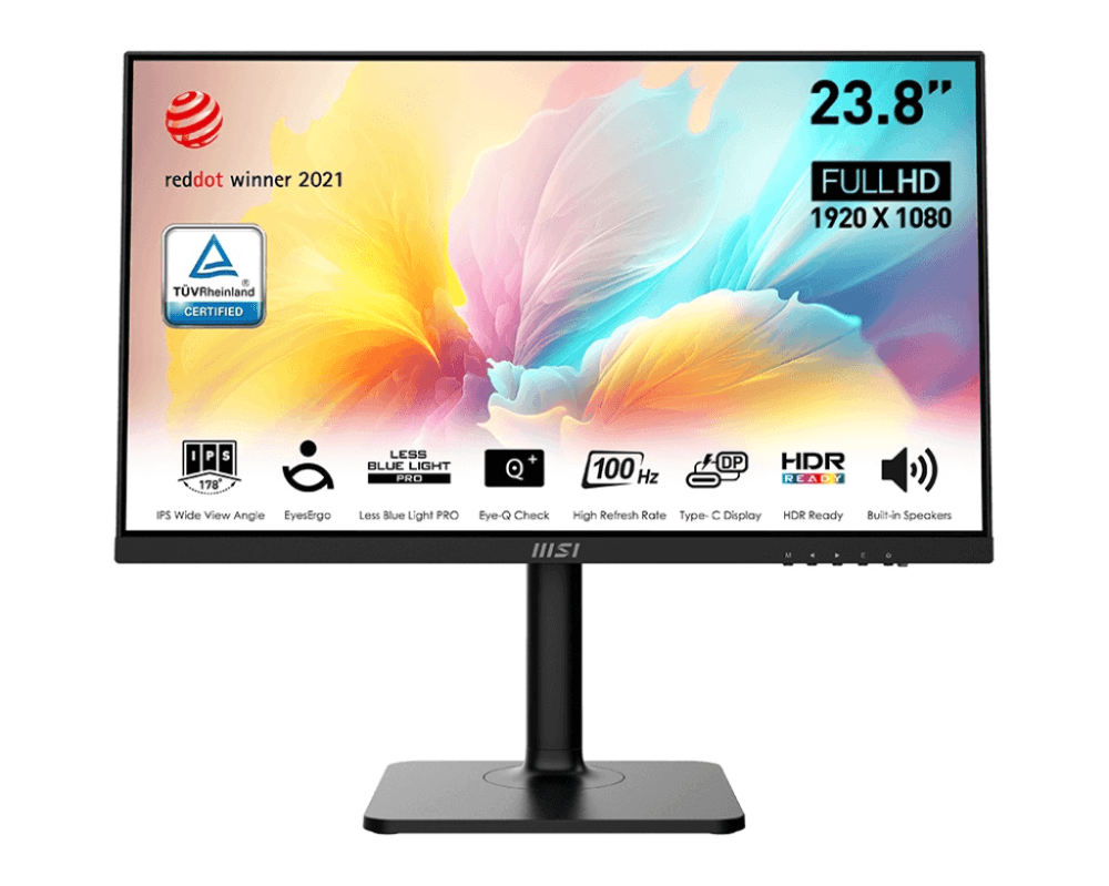 MSI Монитор LCD 23.8' [16:9] 1920х1080(FHD) IPS, nonGLARE, 75 Hz, 250 cd/m2, H178°/V178°, 1000:1, 16.7M, 5ms, HDMI, USB-C, Height adj, Pivot, Tilt, Swivel, Speakers, 1Y, Black