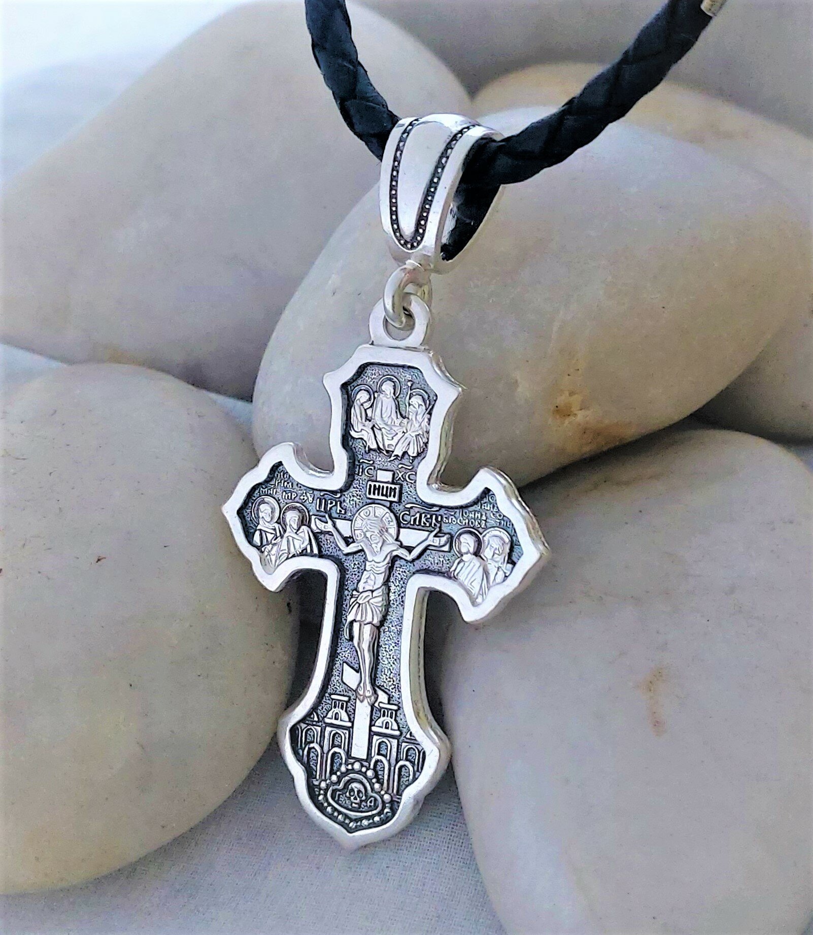 Крестик Крест серебряный "Архангел Михаил", серебро, 925 проба, оксидирование, чернение