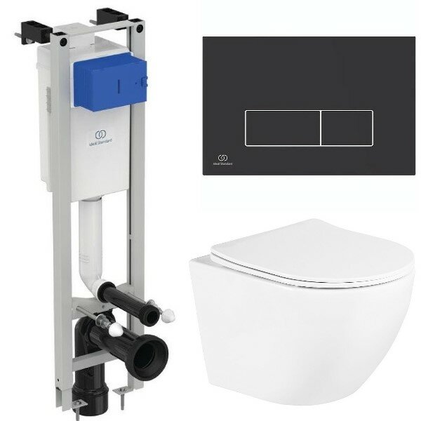 фото Инсталляция для подвесных унитазов Ideal Standard ECO Frame M E23326, клавиша смыва Ideal Standard R0121A6черная матовая, унитаз подвесной RIMLESS безободковый с сиденьем микролифт