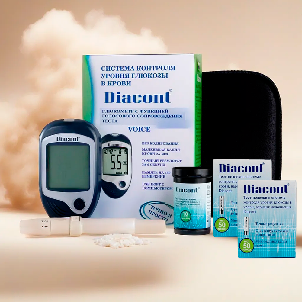 Глюкометр говорящий Diacont Voice (Диаконт Войс) + 110 тест-полосок + 10 ланцетов + прокалыватель в наборе, измеритель сахара в крови, мониторинг глюкозы при сахарном диабете
