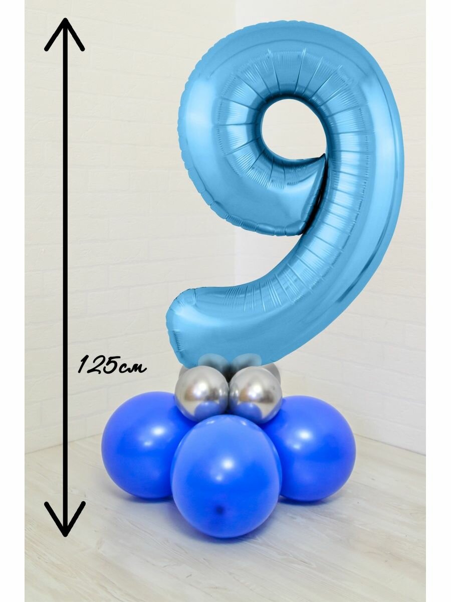 Воздушные шары ШарМикс 9 в форме фольгированной цифры голубого цвета для Дня Рождения