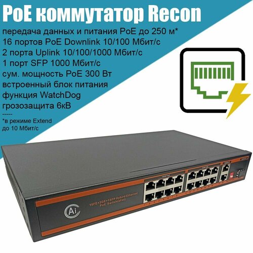 Коммутатор PoE Recon RN-G1612WD 16 портов PoE 100 Мбитс 2 Uplink 1 Гбитс 1 SFP бюджет PoE 300 Вт для питания IP камер видеонаблюдения точек доступа 1369000₽