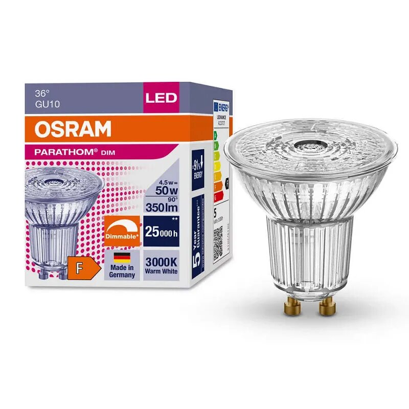 фото Лампочка светодиодная OSRAM Софит PAR16 GU10 4,5Вт 220В 350Лм 3000К Теплый белый Диммируемая, уп. 1шт
