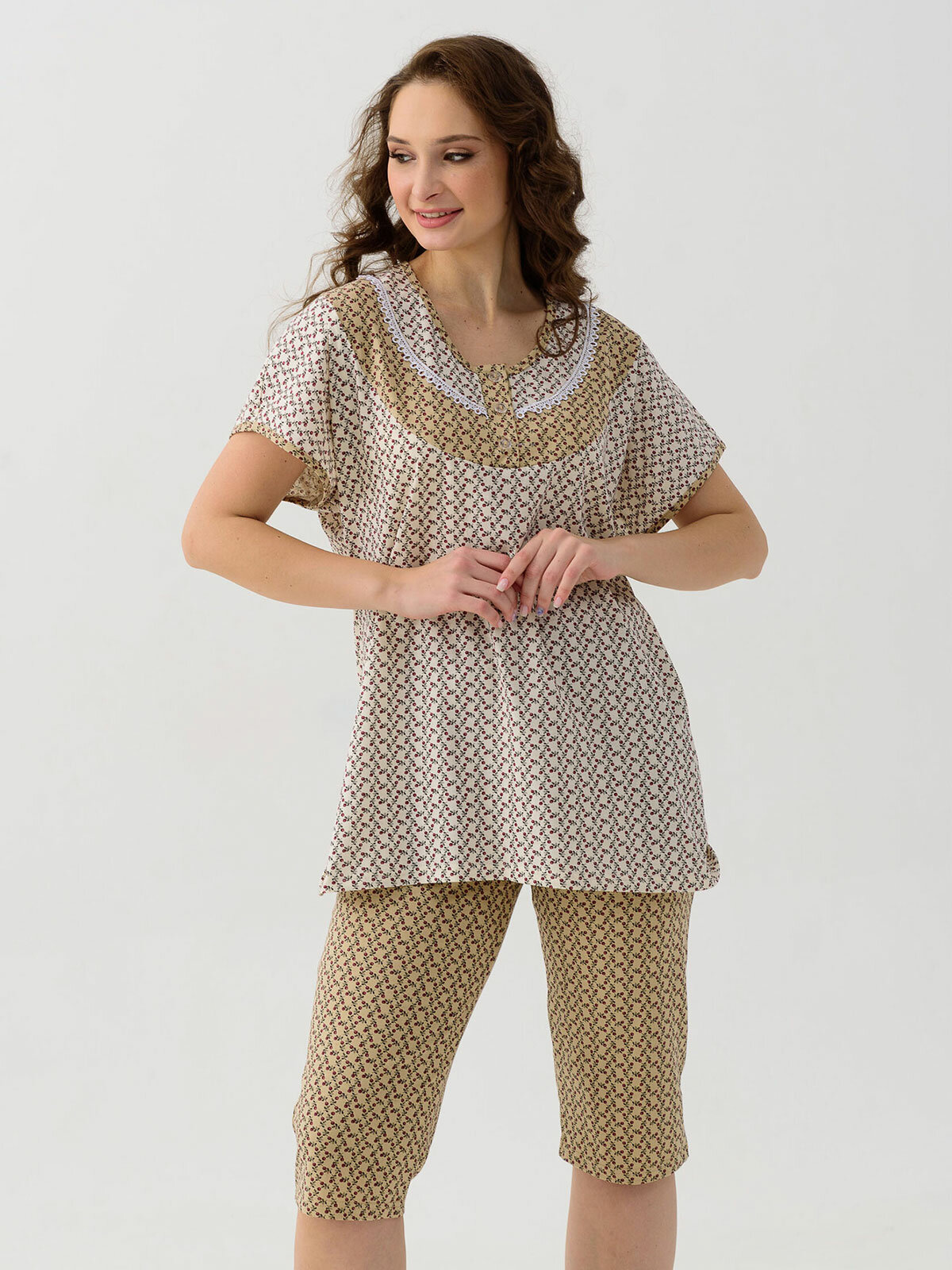 Женская пижама с шортами Цветочек Молочный 62 Кулирка Оптима трикотаж - фотография № 4