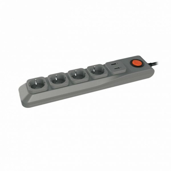 фото S-GSL5-3U Grey Cетевой фильтр с заземлением, 4 гнезда, ПВС 3x0,75, 3м, 1USB1A. 10А. Защита от перенапряжения, короткого замыкания Uniel Lux UL-00001761