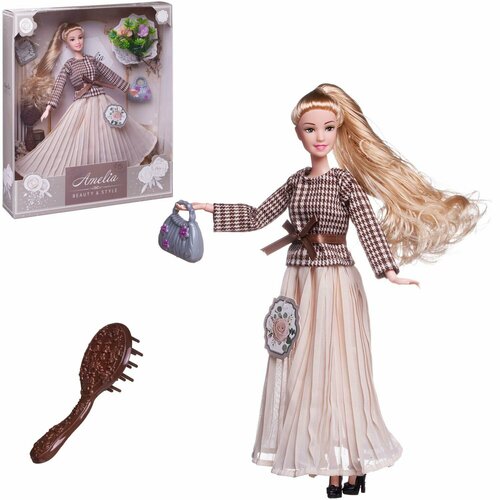 Кукла ABtoys Amelia. Современный шик в платье с длинной плиссированной юбкой, светлые волосы 30см