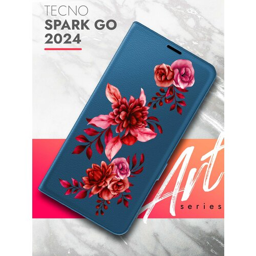 Чехол на Tecno Spark Go 2024 (Техно Спарк Гоу 2024) книжка эко-кожа с функцией подставки и магнитами Book Case, Brozo (принт) Гранатовые Цветы синий