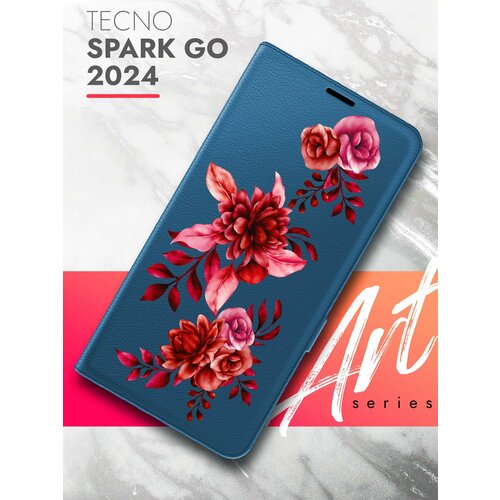 Чехол на Tecno Spark Go 2024 (Техно Спарк Гоу 2024) синий книжка эко-кожа с функцией подставки и магнитами Book Case, Brozo (принт) Гранатовые Цветы чехол на tecno spark go 2024 техно спарк гоу 2024 синий книжка эко кожа с функцией подставки и магнитами book case brozo принт гранатовые цветы