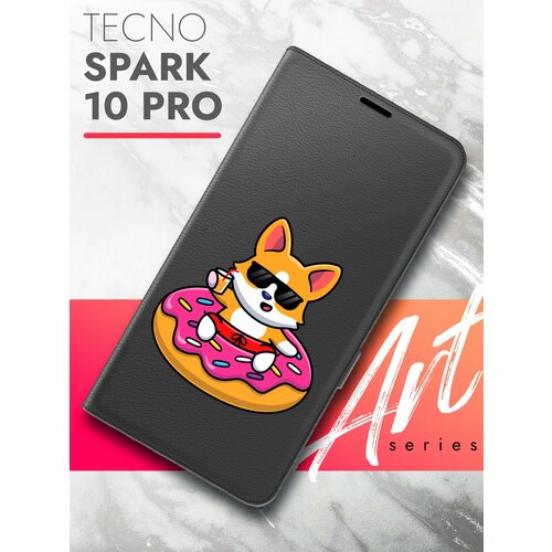 Чехол на Tecno Spark 10 Pro (Техно Спарк 10 Про) черный книжка эко-кожа с функцией подставки и магнитами Book case, Brozo (принт) Корги в Пончике чехол на tecno spark 20 техно спарк 20 черный книжка эко кожа с функцией подставки и магнитами book case brozo принт корги в пончике