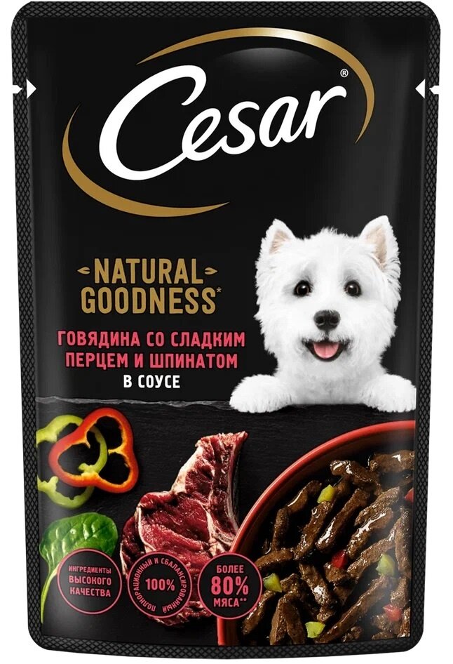 Влажный корм Cesar Natural Goodness для собак, с говядиной, паприкой, шпинатом в соусе 80г