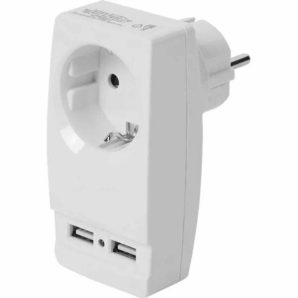 Разветвитель Эра SP-1e 1 розетка с заземлением 16 А 2 USB 2.1 А цвет белый