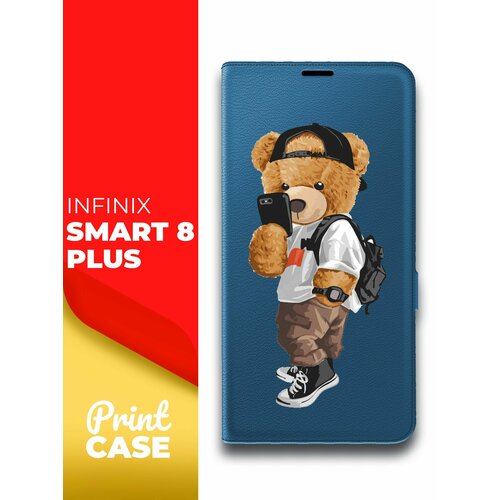 Чехол на Infinix Smart 8 Plus (Инфиникс Смарт 8 плюс) синий книжка эко-кожа подставка отделение для карт магнит Book Case, Miuko (принт) Мишка Смартфон чехол на infinix smart 8 plus инфиникс смарт 8 черный книжка эко кожа подставка отделение для карт магнит book case miuko принт мишка смартфон