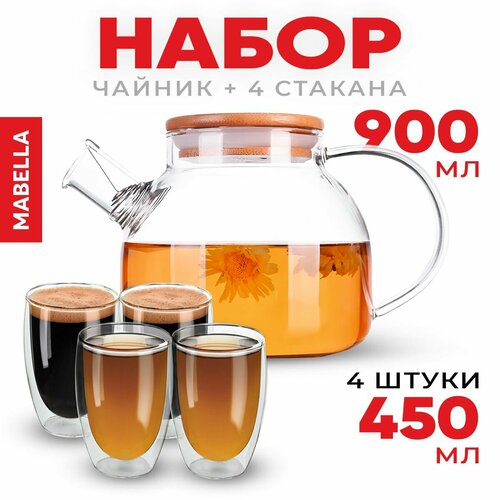 Mabella, Сервиз чайный с чайником, набор чайный, набор чайник и чашки стеклянный, чайник заварочный стеклянный 