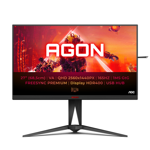 AOC Монитор LCD 27 169 2560х1440WQHD VA nonGLARE 165 Hz 400cdm2 H178V178 10001 80M1 167M 1ms 2xHDMI DP USB-Hub Height adj Pivot Tilt Swivel 3Y Black 4442400₽