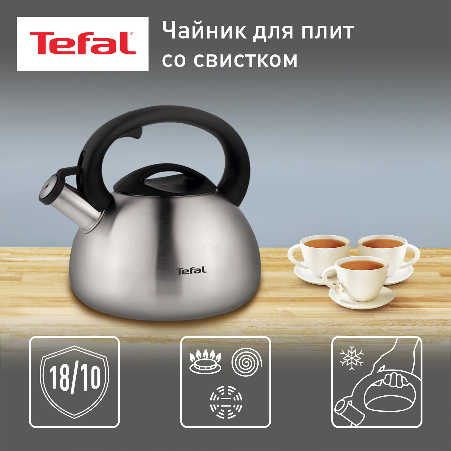 Чайник tefal, чайник для плиты, Tefal C7921024, серебристый