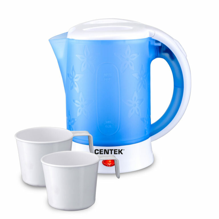 Чайник дорожный CENTEK CT-0054 Blue (бело-синий) 600мл, 650Вт, дорожный чайник + 2 чашки + 2 ложки