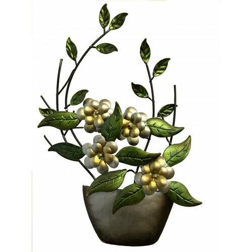 Настенный декор из металла Жасмин в горшке фактурная чеканка с плетением термокраска 1539₽