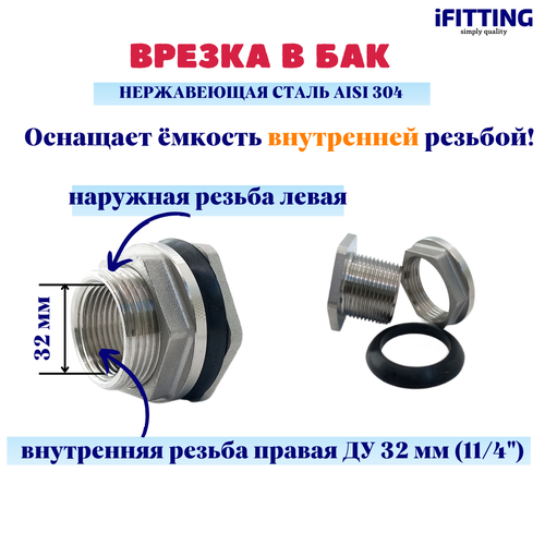 Штуцер врезка в бак (емкость) нержавеющий 1 1/4 Ду32 штуцер врезка в бак емкость нержавеющий 1 1 4 ду32