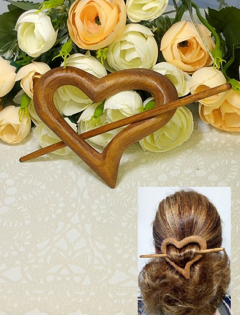 Заколка для волос Сердце из сибирского кедра ручной работы, коричневая / Украшение ЭКО из дерева