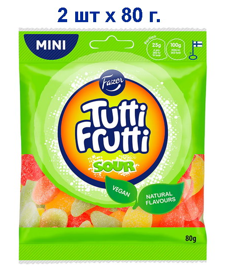 Жевательные конфеты Fazer Tutti Frutti sour со-вкусом малины, груши, лимона, 2 штуки по 80 г. Веган. Финляндия.