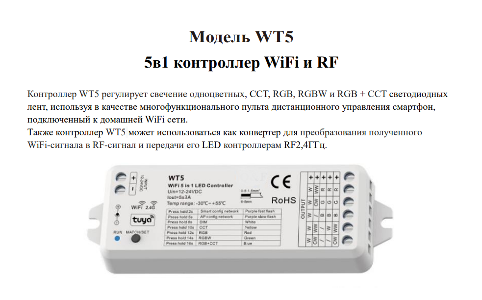 Контроллер WT5 (WiFi 2.4G tuya 12-24V 5ch x 3A 180/360W)