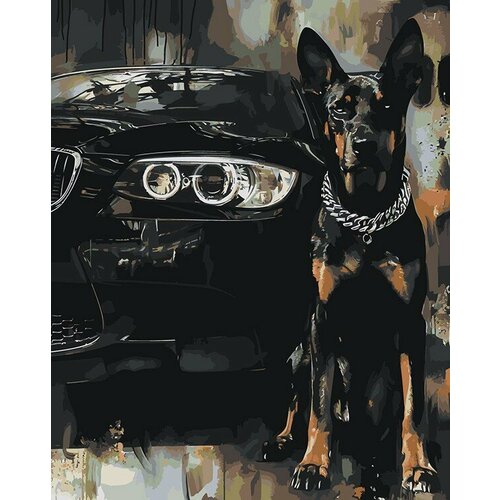 Картина по номерам Машина BMW и собака доберман арт 40х50