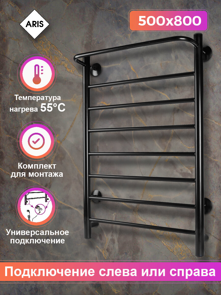 фото Полотенцесушитель электрический черный с полкой лесенка, универсальное подключение скрытый монтаж вилка