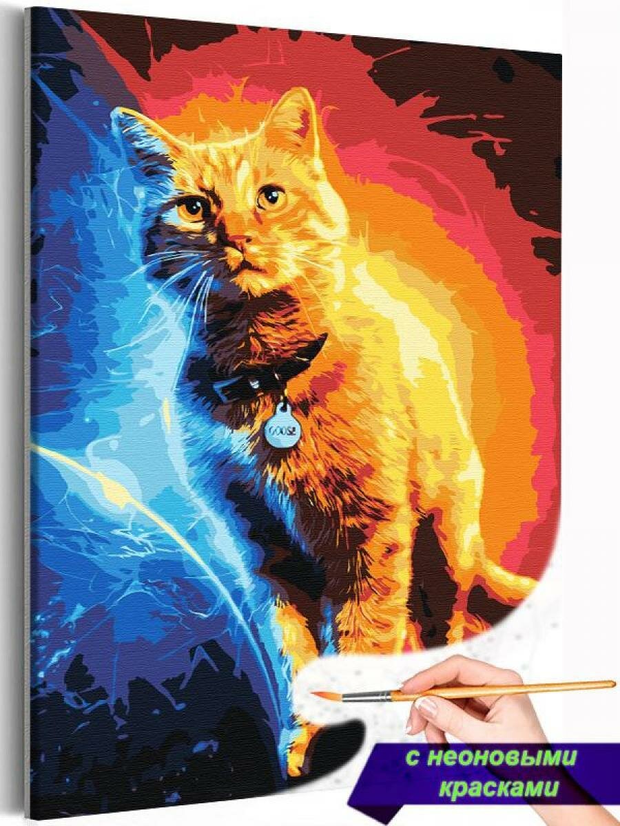 Рыжий кот в неоновом свете Животные Кошки Яркая Раскраска картина по номерам на холсте с неоновой краской 40х60