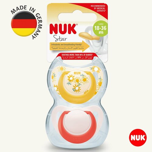 NUK STAR ортодонтическая соска пустышка из латекса, размер 3, 2 шт. в контейнере, красная и оранжевая цветы