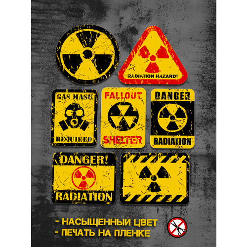 Гранжевые стикеры Radiation Shelter со знаками Опасность, Радиация, Бомбоубежище, Fallout и эффектом царапин.