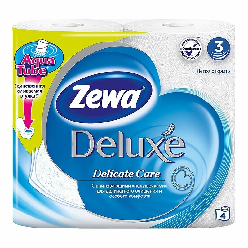 Бумага туалетная Zewa Deluxe, 3 слоя, белая, 100% целлюлоза, 20,7 м, 150 листов, 4 шт