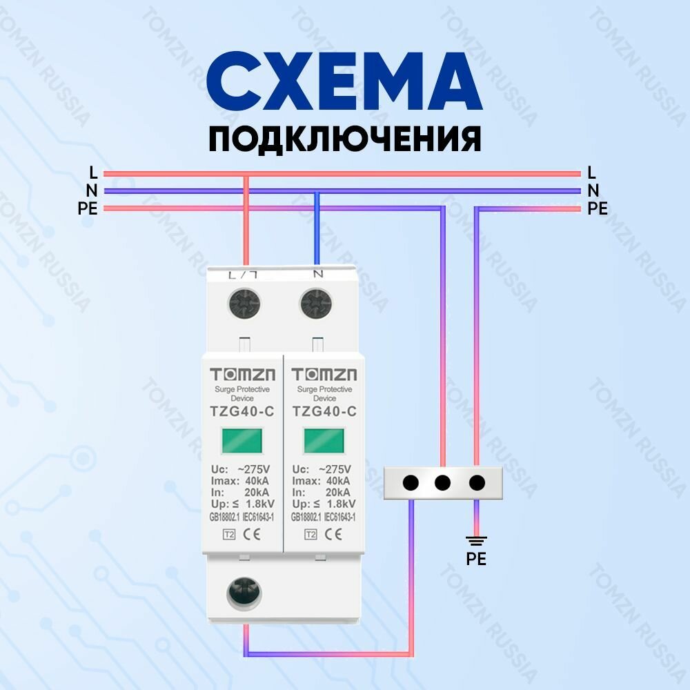 Устройство защиты от импульсных перенапряжений УЗИП TOMZN TZG40-C 2P 20-40 кА 275 В